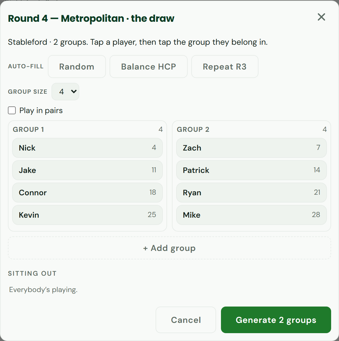 The draw screen: auto-fill buttons for Random, Balance HCP and Repeat R3, a group size selector, a play-in-pairs toggle, and two groups of four players with their handicaps.