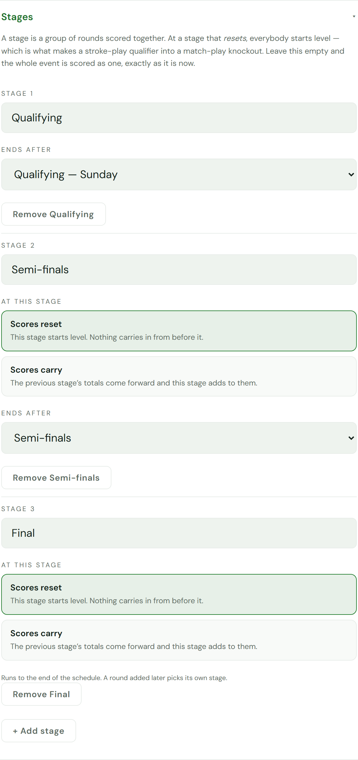 The Stages section of tournament settings: three stages named Qualifying, Semi-finals and Final, each with an “ends after” round picker, and a scores reset / scores carry choice.